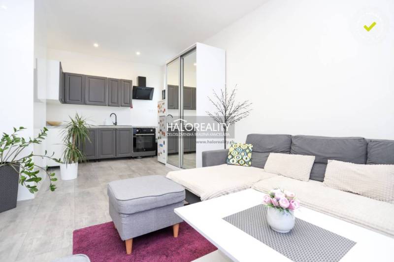 Nappali egy kétszobás lakásban konyhabútorral és fa dekorációjú padlóval.