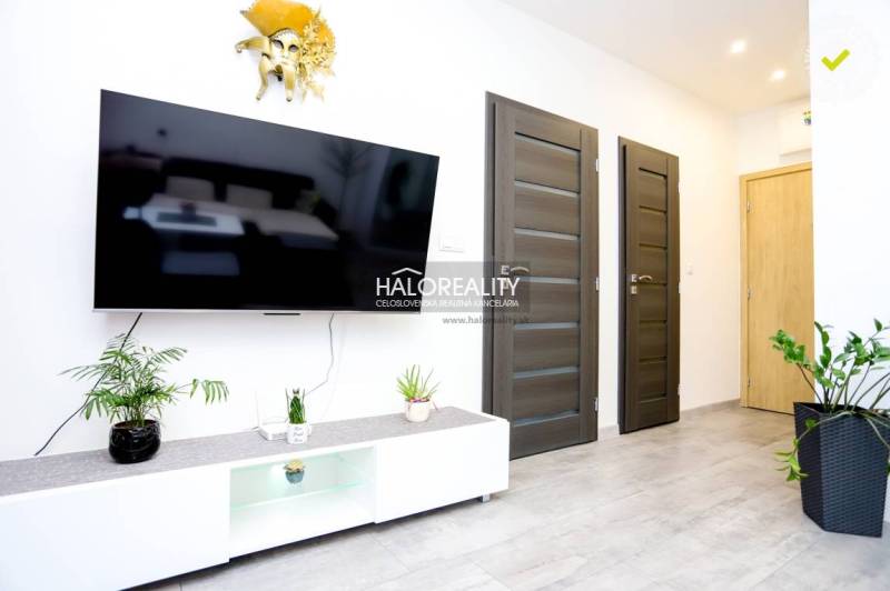 Nappali egy kétszobás lakásban, televízióval, két ajtóval és növényekkel.