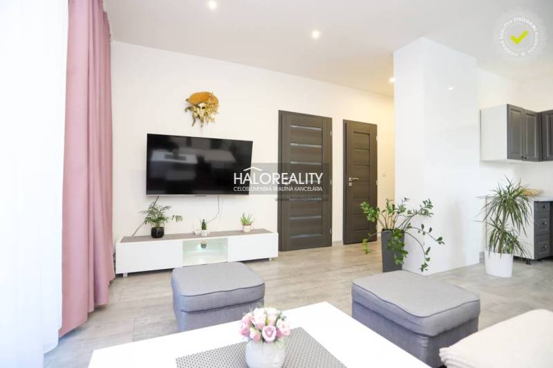 Nappali egy kétszobás lakásban, televízióval, növényekkel és fa dekorációjú padlóval.