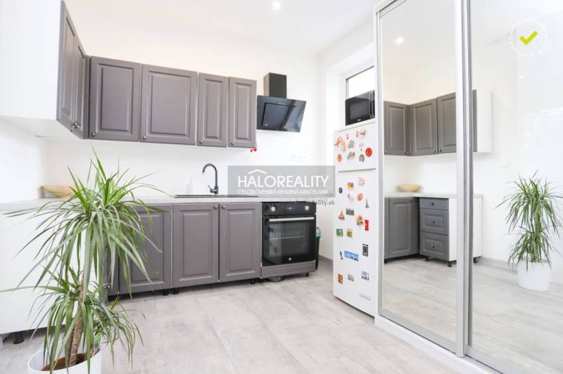 Konyha egy kétszobás lakásban fehér falakkal, szürke szekrényekkel és egy növénnyel.