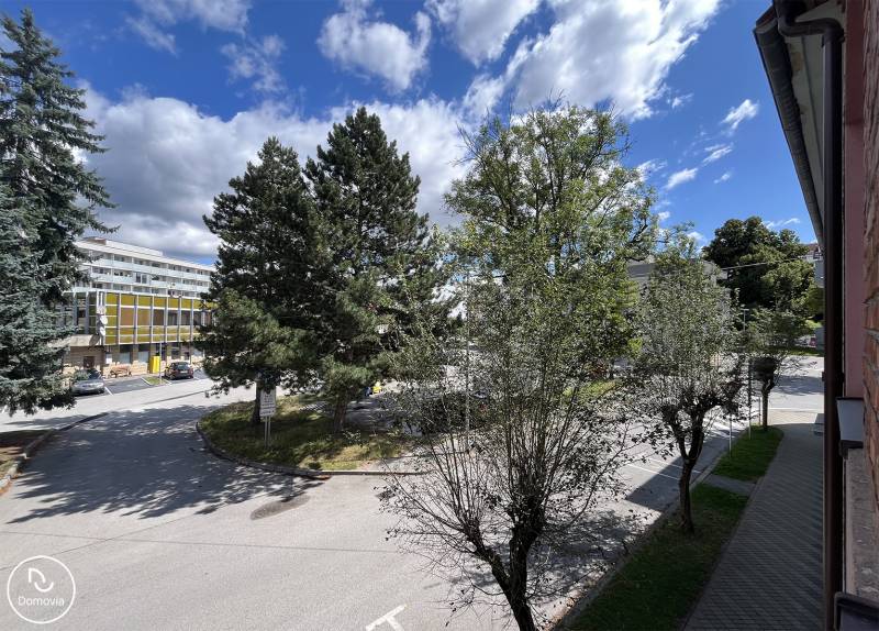 Kilátás egy 5 vagy több szobás lakásból a Medveckého utcán, Rózsahegyen, fákkal körülvéve.