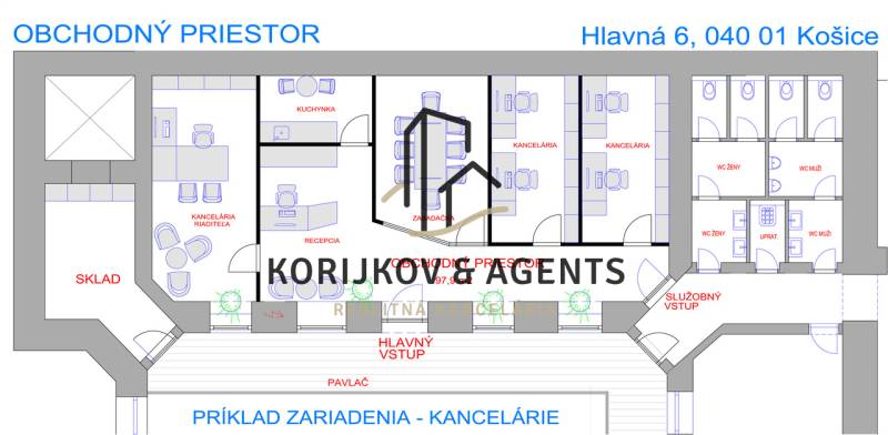 Az üzlethelyiségek alaprajza magában foglalja az irodákat, a tárgyalótermet, a konyhát és a raktárakat.