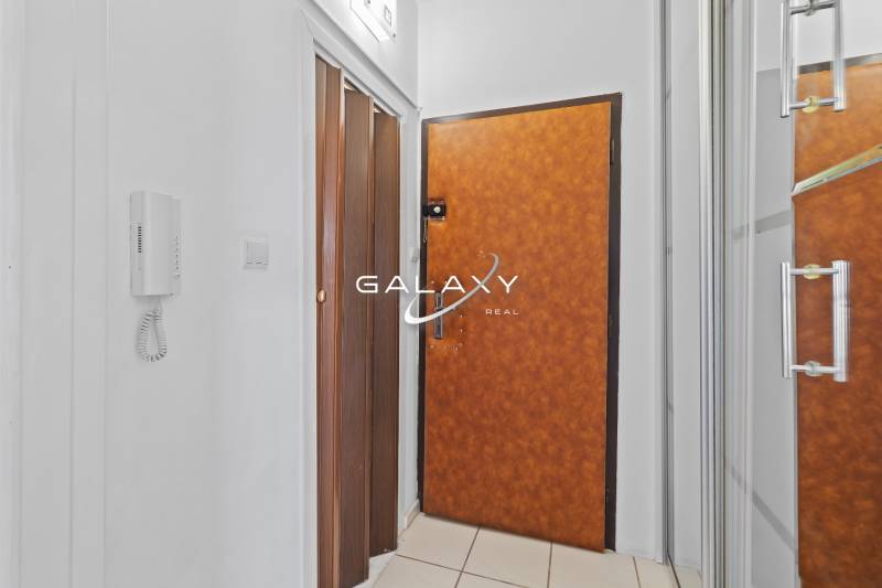 1 szobás lakás belső tere fa dekorációjú ajtókkal és beépített szekrénnyel.