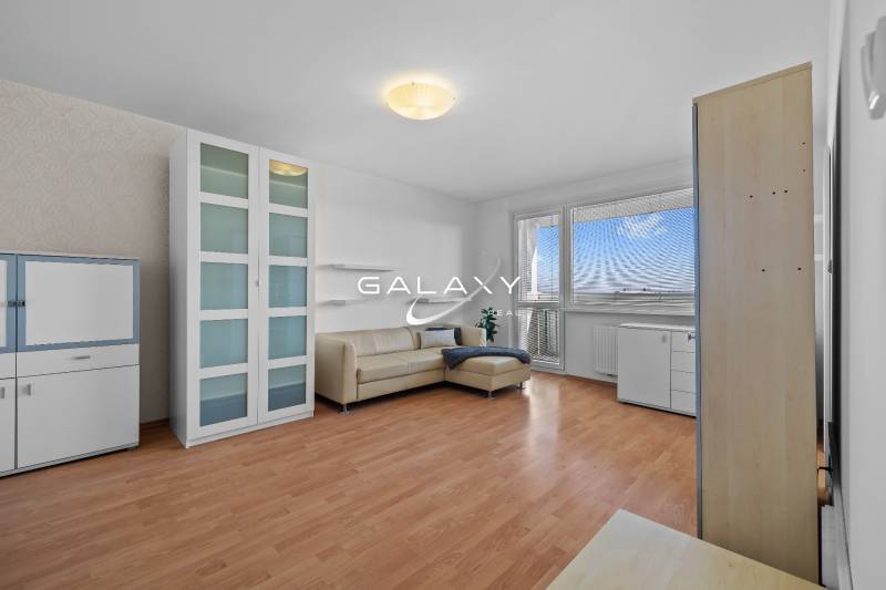 Nappali egy egyszobás lakásban fa dekorációjú padlóval, kanapéval és vitrinnel.