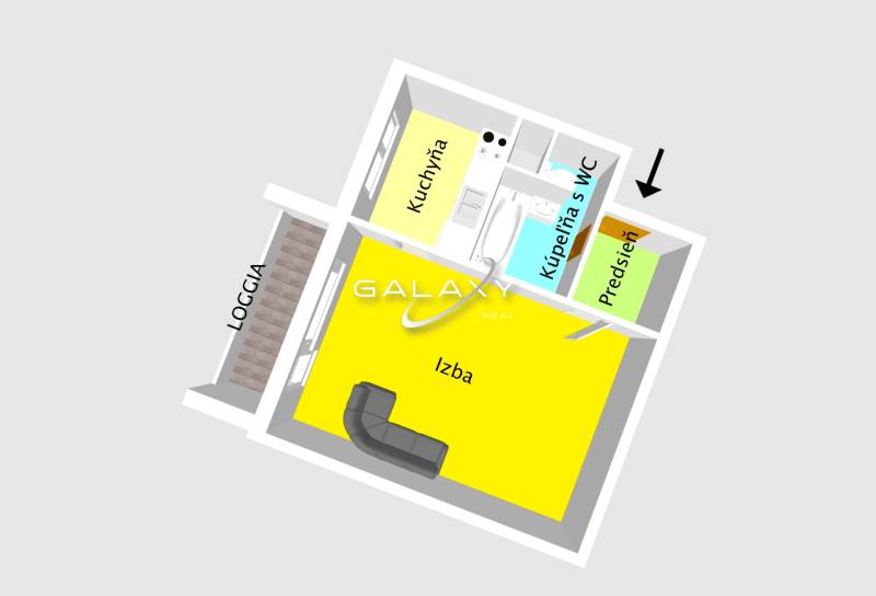 1 szobás lakás alaprajza előszobával, fürdőszobával és loggiával.