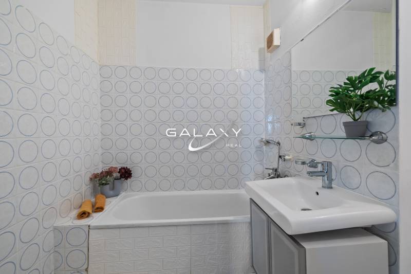 Fürdőszoba mintás csempékkel, káddal és növénnyel egy egyszobás lakásban.