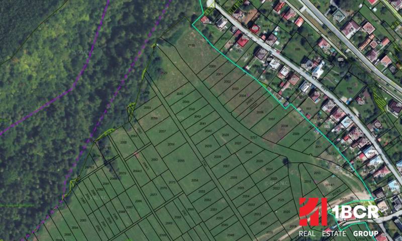 A Snežnicai fejlesztési telkek terve, amelyen láthatók a parcellák és a környező erdő.