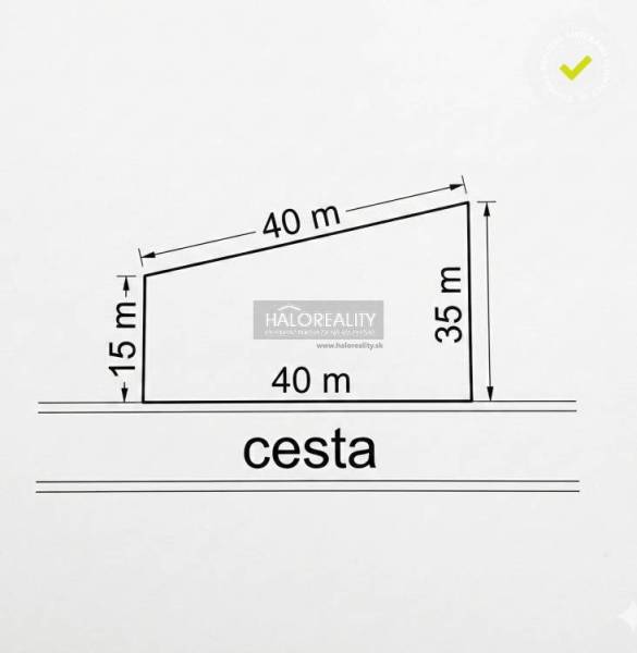 Rudníki lakótelek vázlata, amelynek méretei 40x15x35 méter, közel az úthoz.