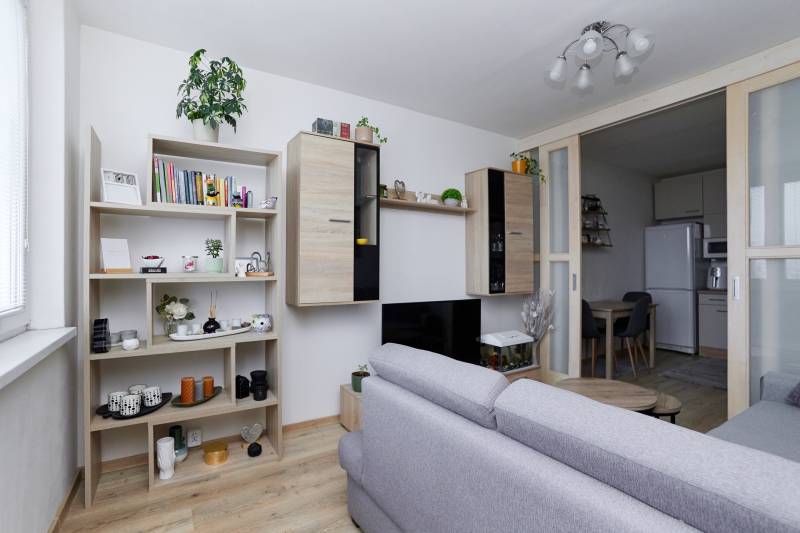 Nappali egy kétszobás lakásban beépített bútorokkal és fa dekorációjú padlóval.