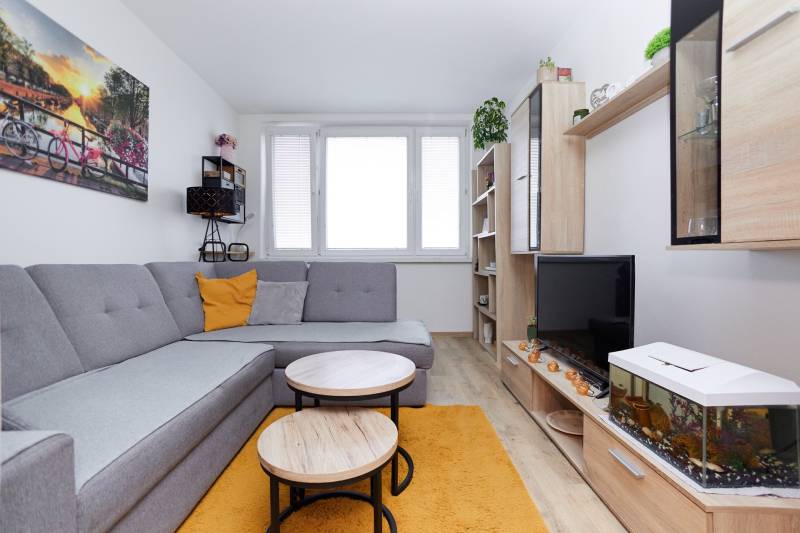 Nappali fa dekorációjú padlóval, szürke kanapéval és bútorokkal egy kétszobás lakásban.