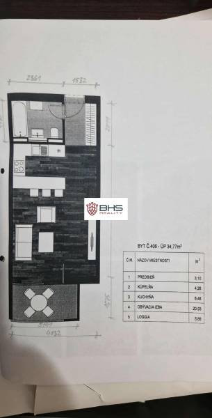 1 szobás lakás alaprajza konyhával, fürdőszobával és nappalival.