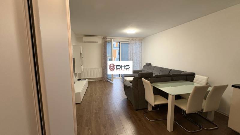 Nappali egy egyszobás lakásban fa mintázatú padlóval, szürke kanapéval és étkezőasztallal.