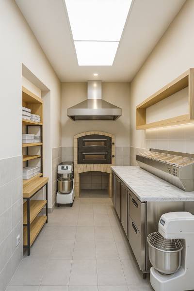 Professzionális konyha kemencével, munkaállomásokkal és tárolóhellyel kereskedelmi helyiségben.