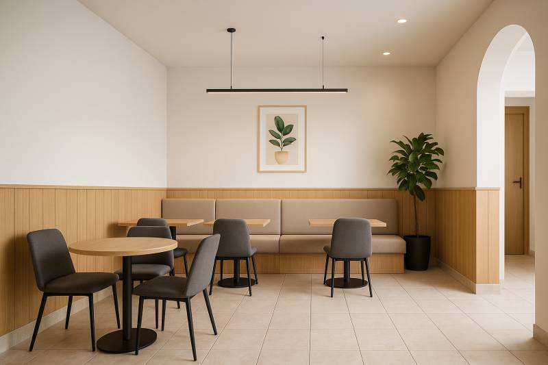 Modern ülőhely fa dekorációjú fallal és növénnyel egy kétszobás lakásban.