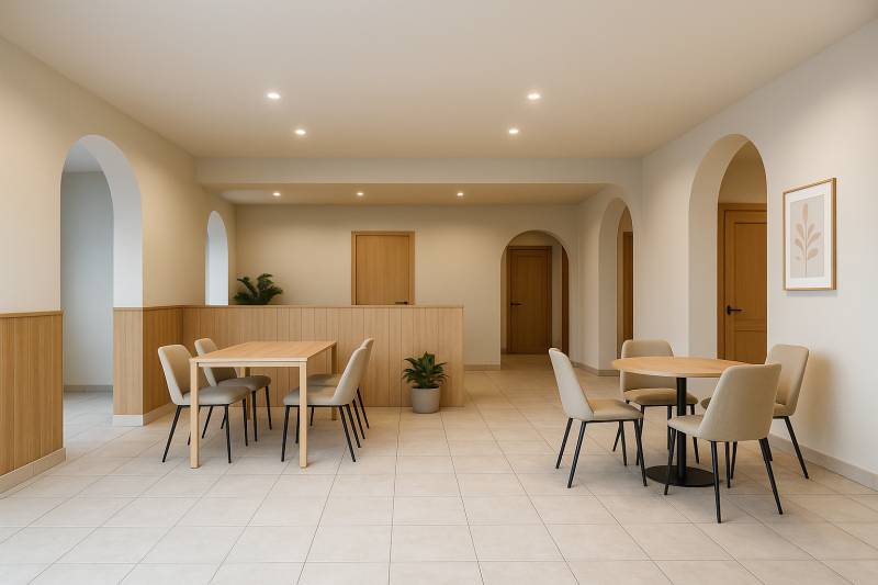 Finoman megvilágított üzlethelyiség boltívekkel, bútorokkal és burkolattal, kellemes környezetet teremtve.