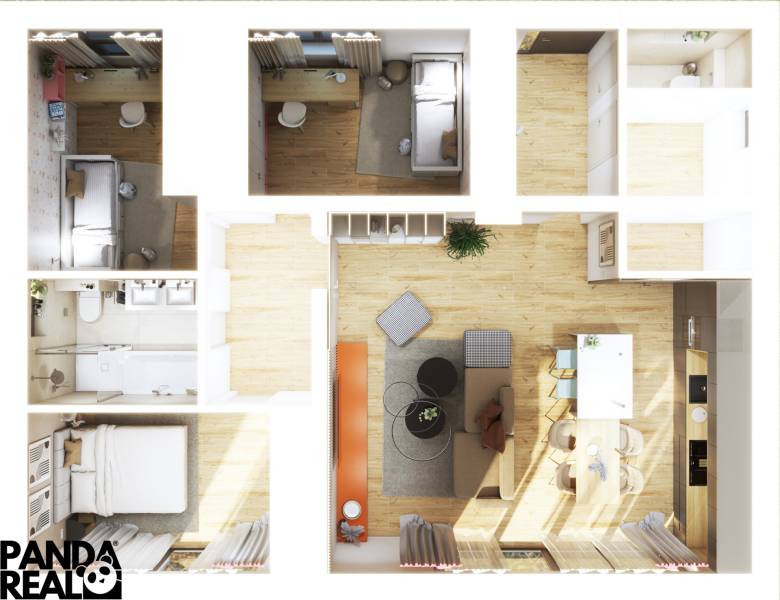 Családi ház alaprajza fa dekoros padlóval, nappalival, hálószobával és konyhával.