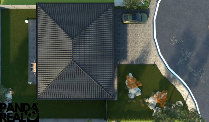 Családi ház madártávlatból Moravany nad Váhom-ban terasszal és kerttel.