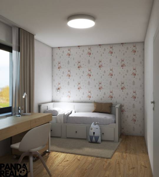 Gyerekszoba nyuszis tapétával, ággyal, asztallal és fa dekoros padlóval.