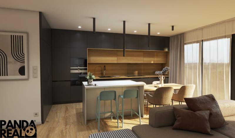 Konyha családi házban, szigettel, fekete szekrényekkel és fa dekorú padlóval.