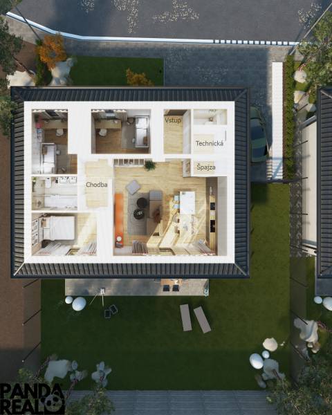 A Moravánok nad Váhom családi házának alaprajza fa dekorációs padlóval és kerttel.