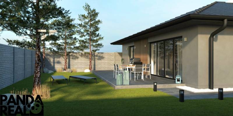 A moraváni ház terasszal, gyepes udvarral és fákkal rendelkezik a kertben.