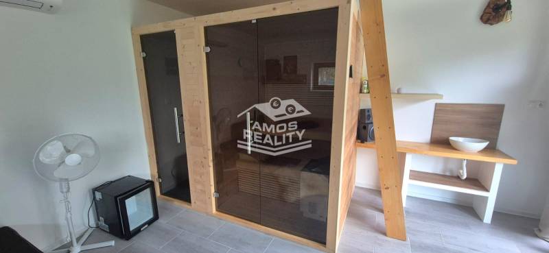 Családi ház belső tere szaunával, ventilátorral és faasztalon lévő mosdókagylóval.