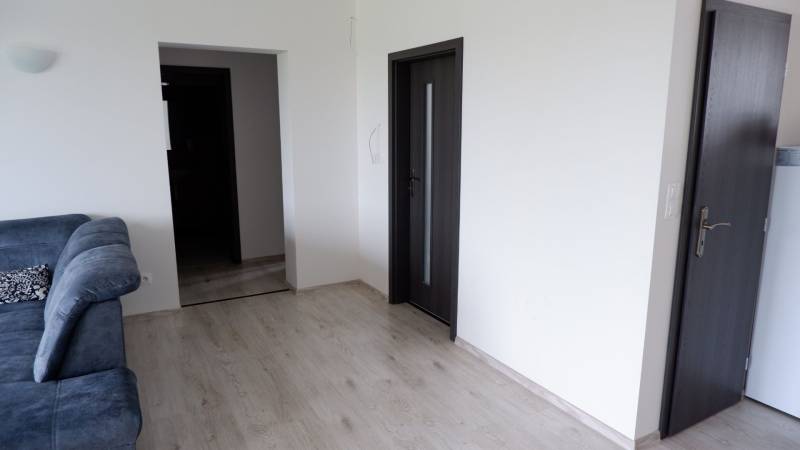 Családi ház belső tere kanapéval, fa dekorációjú padlóval és sötét ajtókkal.