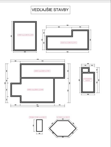 Melléképületek tervei: garázsok, raktárak, pavilon és műszaki épület.
