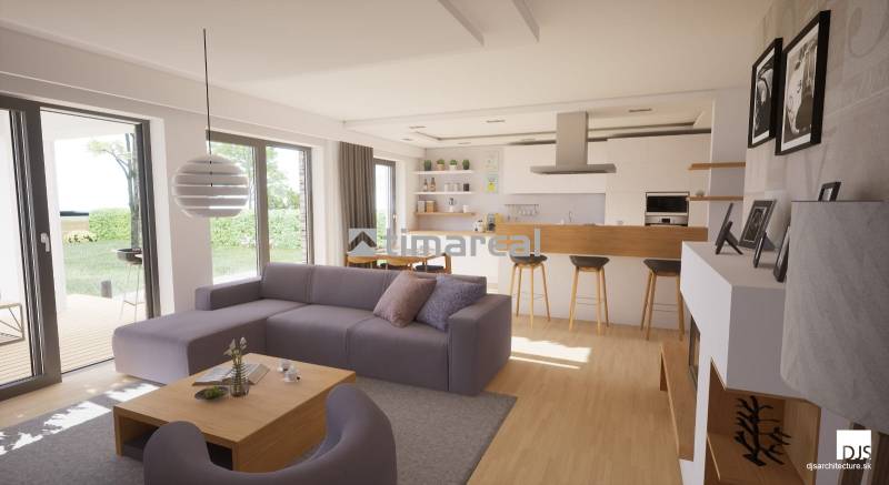 Nappali fa mintázatú padlóval és konyhaszigettel egy családi házban.