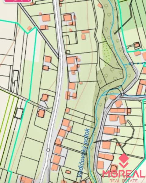 Felsővadičói lakóterület térképe, beleértve a Vodický-patakot és a megközelítési utakat.