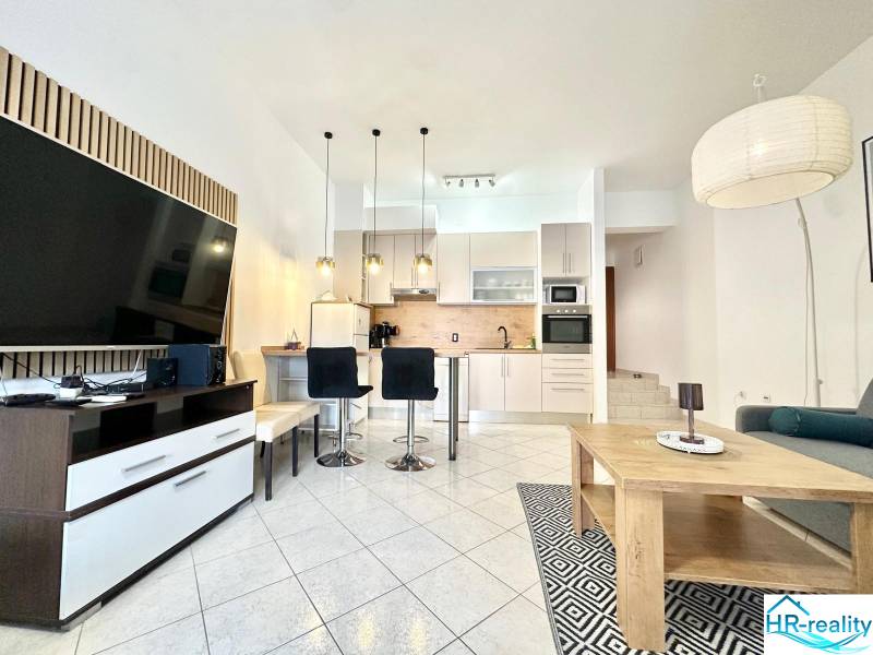 Rekreációs apartman tágas nappalival, konyhával és televízióval.