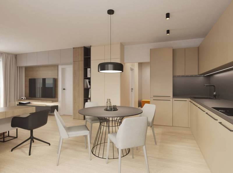 Világos nappali konyhával, modern bútorokkal és fa mintázatú padlóval.