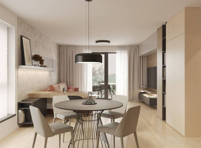 Nappali étkezőasztallal, fa dekoros padlóval és erkéllyel.