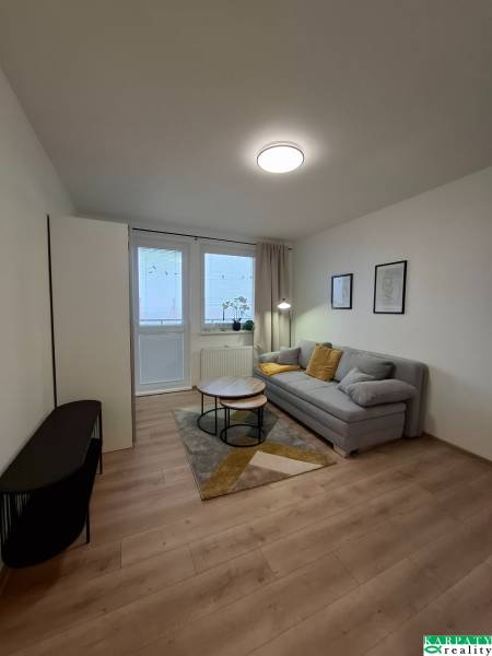 Garzonlakás kanapéval, dohányzóasztallal és fa dekorációjú padlóval.