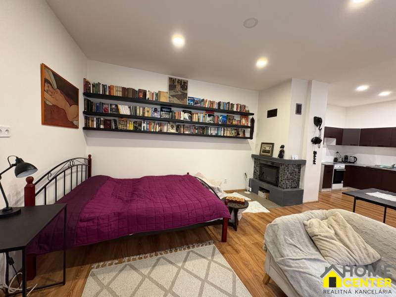 1 szobás lakás belső tere könyvtárakkal, kandallóval, fa dekorációjú padlóval és konyhával.