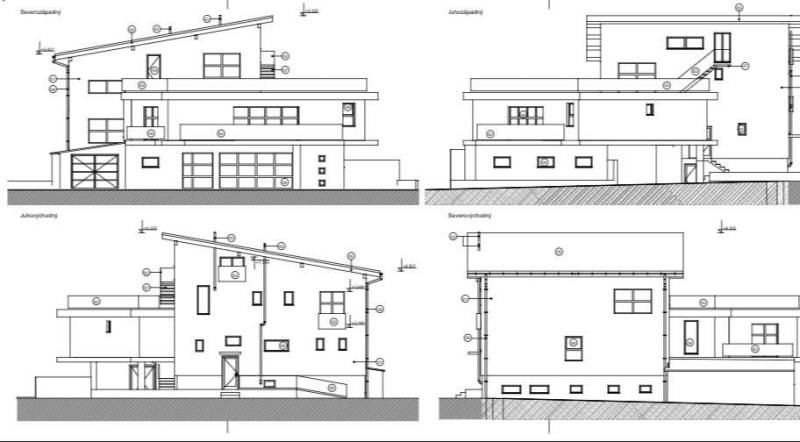 Építészeti terv egy többszintes épülethez Sároson, ferde tetővel.