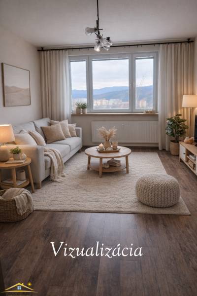 Nappali egy háromszobás lakásban, fa dekorációjú padlóval és kényelmes ülőgarnitúrával.