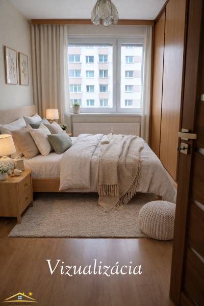 Hálószoba ággyal, szőnyeggel és fa dekorációjú padlóval egy háromszobás lakásban.