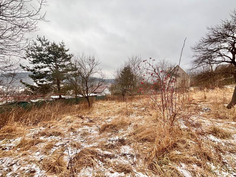 Havas mező és fák egy családi ház mellett a Poľanán, Skalitén.