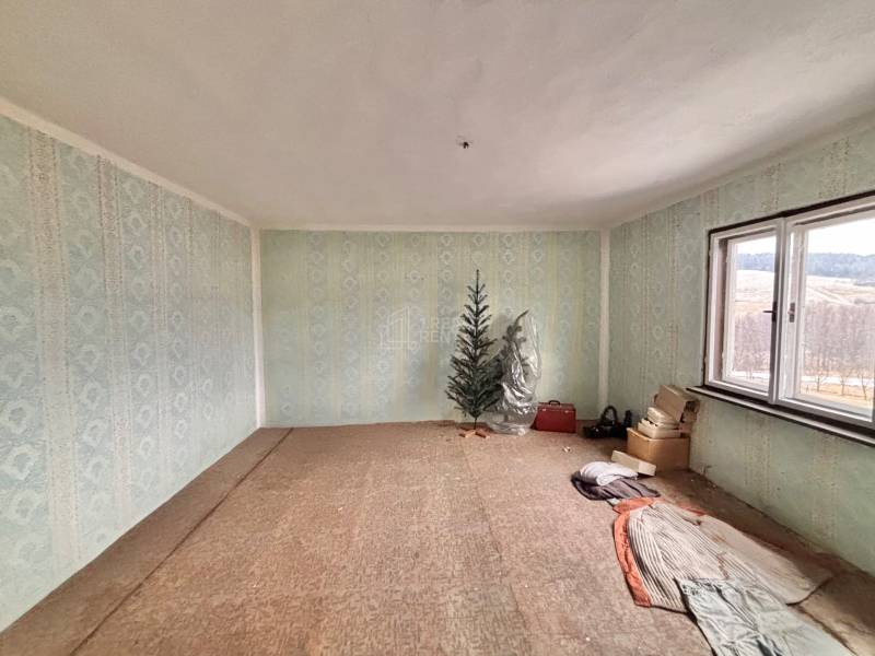 Szoba egy családi házban kék tapétával, karácsonyfa, ablak és tárolt tárgyak.