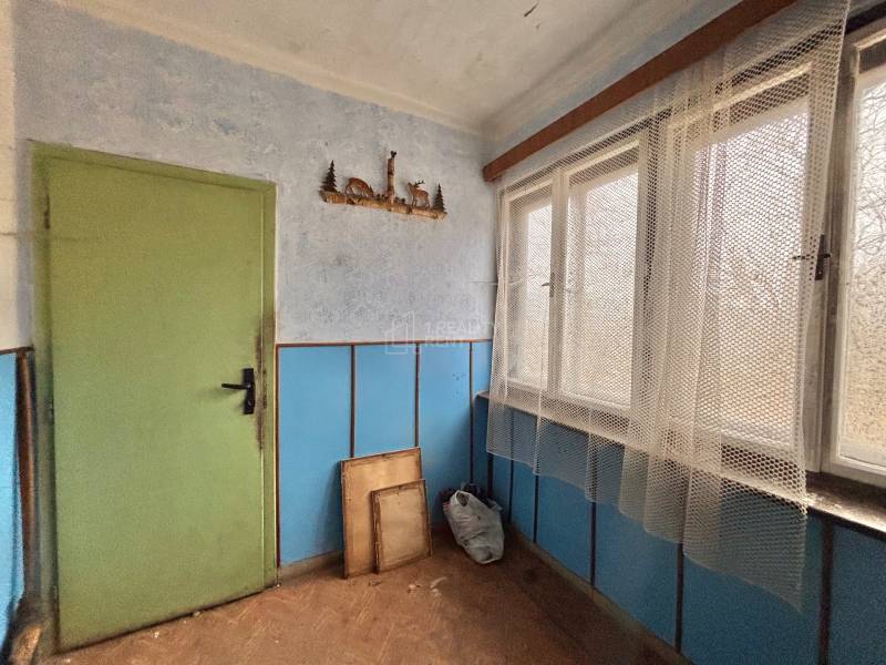 Családi ház belső tere fa dekorációjú padlóval, kék falakkal és zöld ajtókkal.