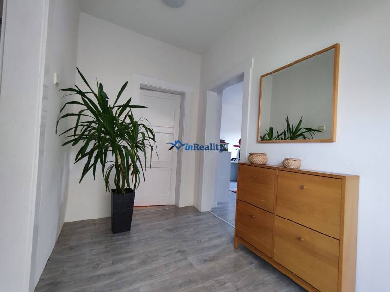 Folyosó fa mintázatú padlóval, tükörrel és növénnyel egy családi házban.