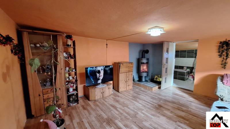 Nappali szoba fa dekorációs padlóval, kandallóval és televízióval egy családi házban.