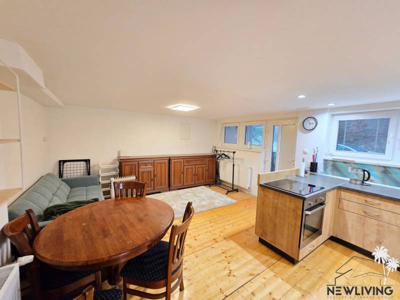 Nappali egy egyszobás lakásban, fa dekoros padlóval, kanapéval és étkezőasztallal.