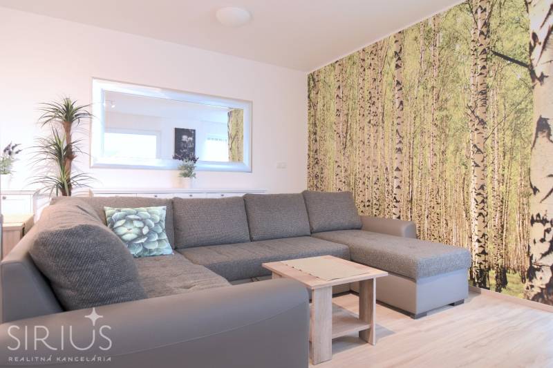 Nappali egy kétszobás lakásban szürke kanapéval és erdei mintás tapétával.