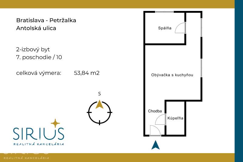 Antolska utcai, Pozsony - Petržalka, 53,84 m²-es, 2 szobás lakás alaprajza.