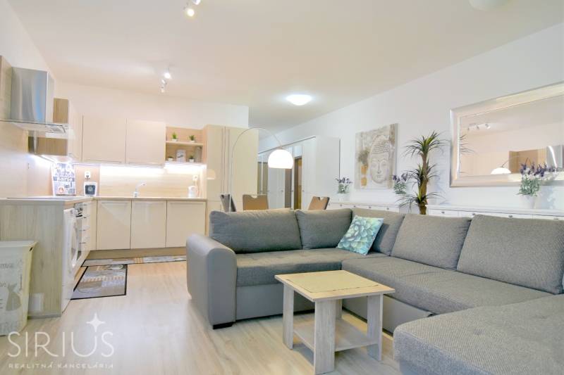 Nappali konyhával egy 2 szobás lakásban, szürke kanapé, szekrény, fa mintázatú padló.