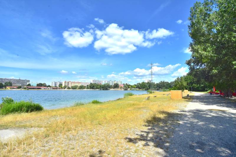 Vízfelület gyalogúttal Pozsony-Petržalka városrészben, az Antolska utca mellett.