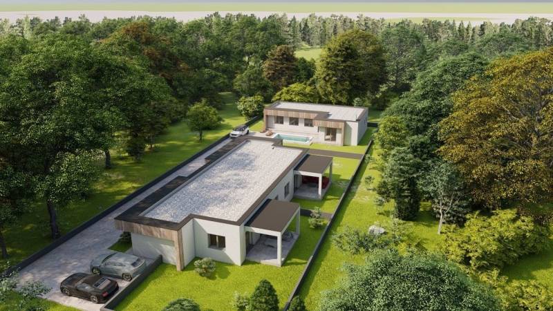 Családi házak Zsigárdon zöld fákkal körülvéve, medencével és felhajtóúttal.