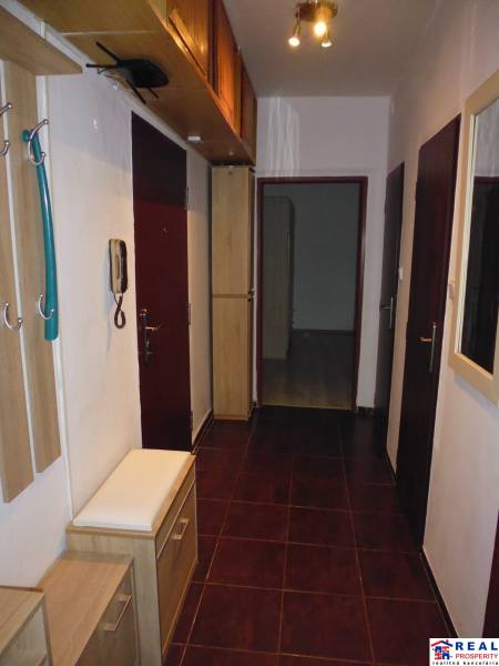 2 szobás lakás folyosója sötét padlólappal és fa dekorációjú bútorokkal.